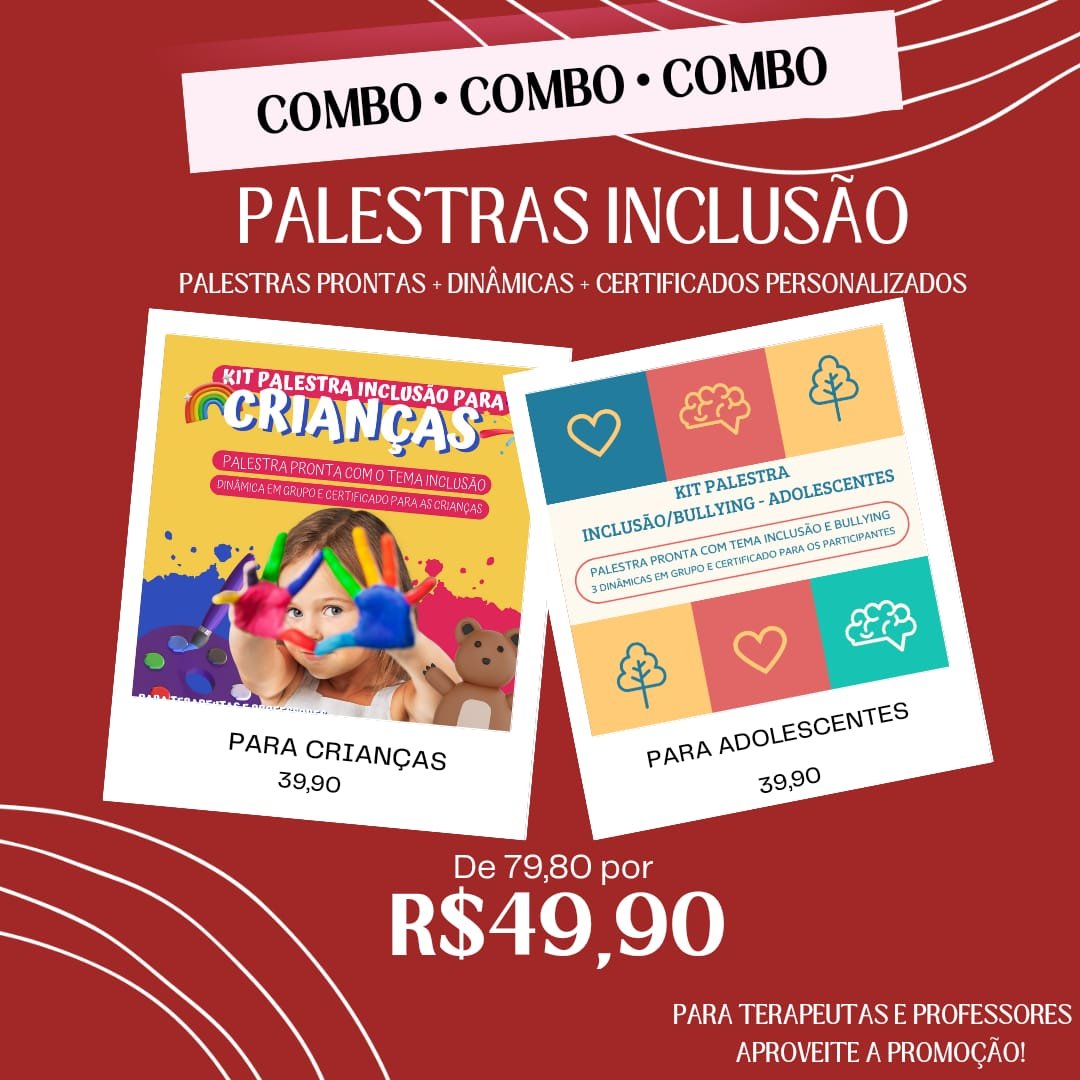 Inclua em sua programação a Palestra para Crianças, que ensina os pequenos a importância da inclusão de forma lúdica e envolvente, e a Palestra sobre Inclusão e Bullying para Adolescentes, que aborda temas cruciais para o desenvolvimento social deles